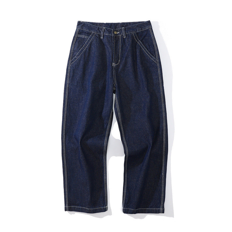 Mens Fall Outfits Retro Heavy Denim Daddy Pants Autumn Dark Blue Loose-Fitting Wide-Leg Trousers Men