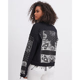 Women Denim Jacket Fashion Black Denim Jacket Spring and Autumn Print Turn-down Collar Coat