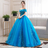 Women's Evening Dress Ball Gown Princess Quinceanera Wedding Dresses Lake Blue Off-Shoulder Evening Gown Pettiskirt