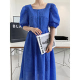 Gingham Dress Square Collar Puff Sleeve Plaid Dress High-Waist Blue Large Swing Dress