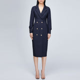 Women Spring Dress Suit Midi Dress V-neck Lapel Double Breasted Temperament High Waist Coat Dress