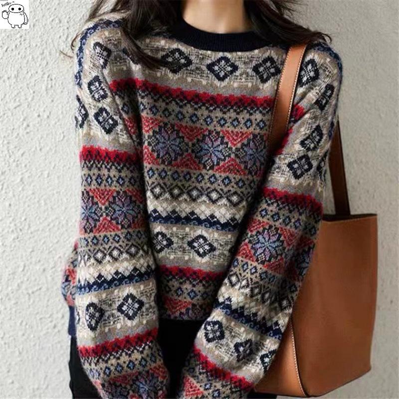 Fair Isle Sweater Cottagecore Outfits for Women Fairisland Jacquard Wool Sweater Women's round Neck Thickened Sweater Puff Sleeve Sweater