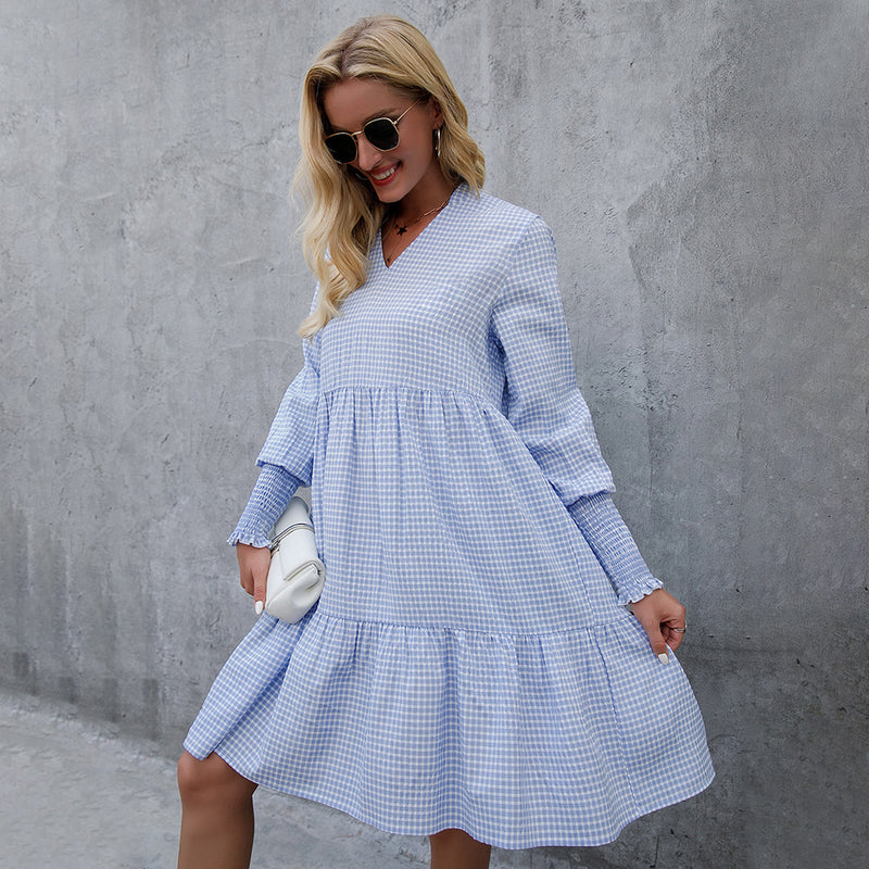 Gingham Dress Women's Summer Long Sleeve Big Hem V-neck Sexy Dress Women's