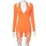 Autumn Solid Color Halterneck Long-Sleeved Tight Sexy Lacing Shorts Jumpsuit
