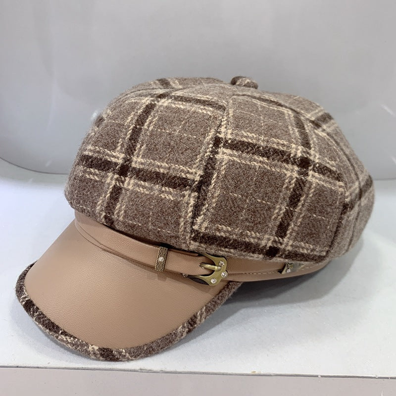 Check Beret Hat Hat Plaid Woolen Autumn and Winter