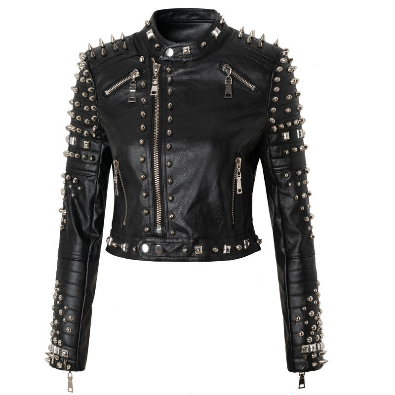 Women's Leather Jacket Biker Motorcycle Coat Spring Printed Rivet Coat Short Leather Coat for Women