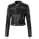 Women's Leather Jacket Biker Motorcycle Coat Spring Printed Rivet Coat Short Leather Coat for Women
