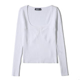Women Fall Fall Fall Six-Color Square Collar Patchwork Knitting Top Slim Fit Short Sweater