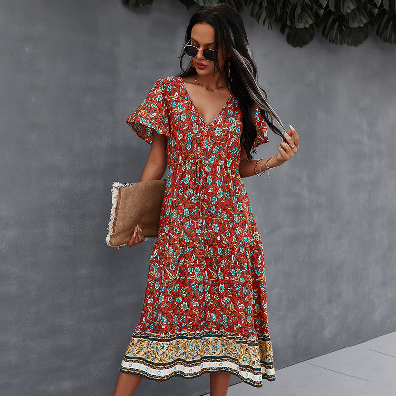 Emery Rose Dresses Printed Dress Spring/Summer V-neck Short Sleeve Bohemian Style