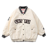 Beige Varsity Jacket Letter Embroidery Quilted Jacket Men Loose Street Stand Collar Baseball Uniform Cotton Coat Jacket