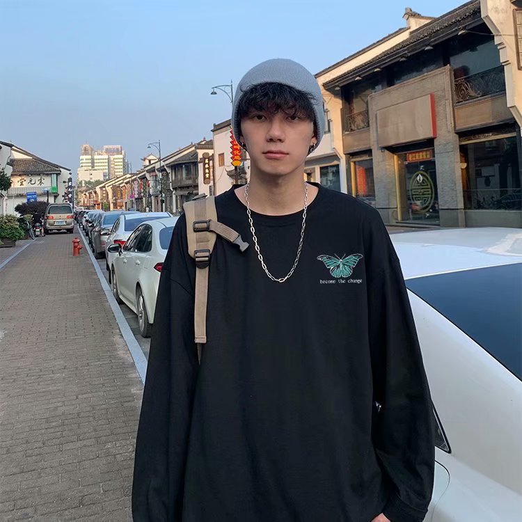 Men Sweatshirts Printed Hong Kong Style Sweatshirt Men's round Neck Loose Spring