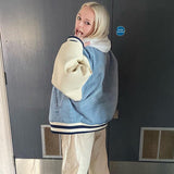 90S Fashion Retro Style Autumn and Winter Letter Embroidered Cardigan Buckle Denim Stitching Baseball Uniform Jacket