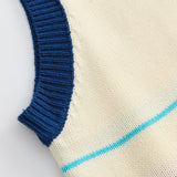 Men Sweater Vest Contrast Color Stripes V-neck Sweater Waistcoat Men's BF Idle Style Loose Underwaist Tank Sleeveless Sweater Coat