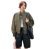 Cute Leather Jacket Green Stand Collar Retro PU Leather Coat Women's Spring and Autumn