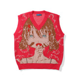 Men Sweater Vest Cartoon Character Jacquard Sweater Vest Men's BF Idle Style V-neck Sleeveless Sweater Vest