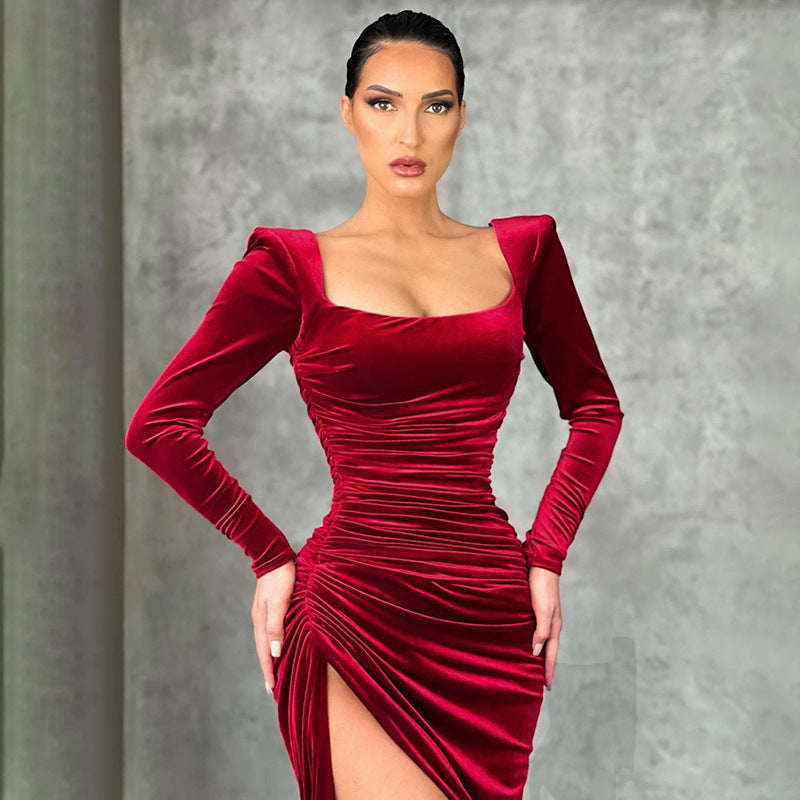 Winter Formal Dresses Sexy Square-Neck Folded High Waist Tuxedo Dress