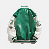 Green Varsity Jacket Autumn Baseball Uniform Men's Stitching PU Leather Flight Jacket Top
