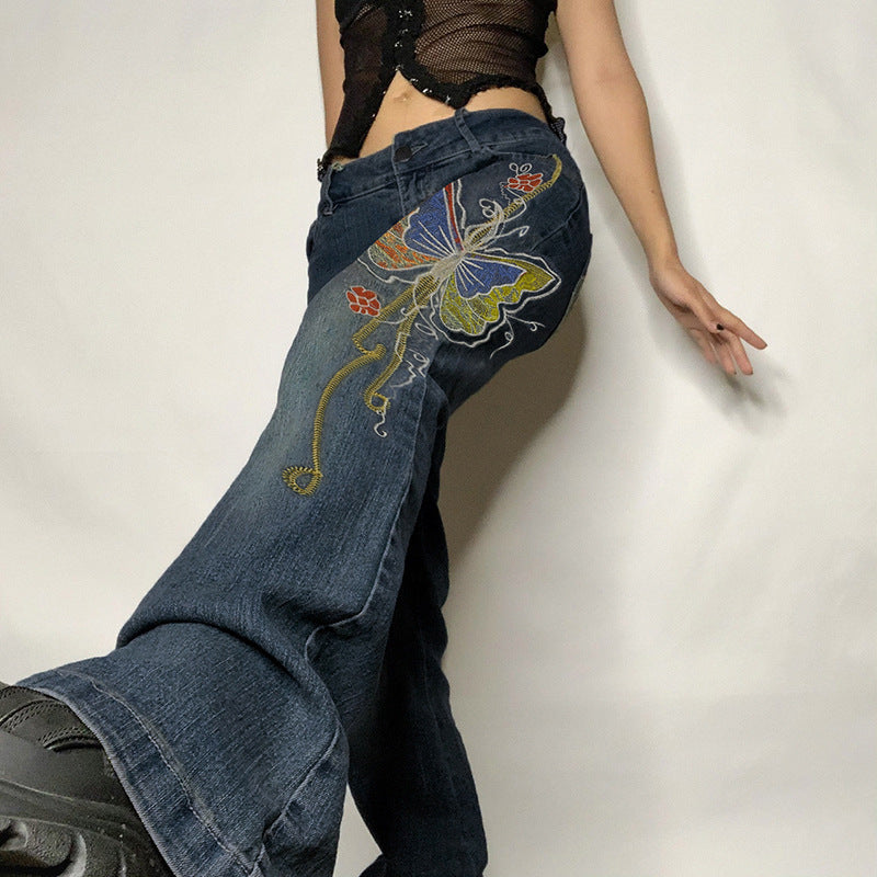 Julia Fox Low Rise Trousers Printed Retro Style Washed Jeans Casual