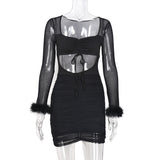 Homecoming Dresses Tight Autumn and Winter Solid Color Mesh Wrapped Chest Lace-up Cutout Pleating Sexy Dress