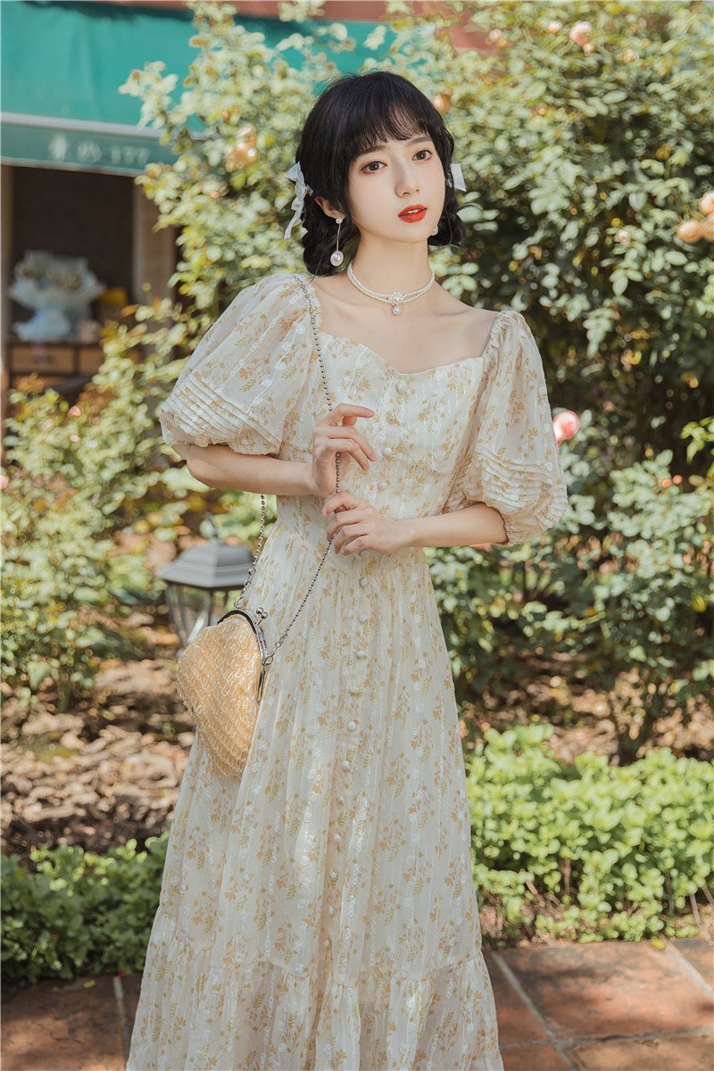 Women Cottagecore Dress Summer Retro Square Collar Gentle Waist Dress Fairy Long Dress