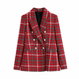 90s Fashion Vintage Tweed Color-Contrast Check Mid-Length Suit Coat Spring And Autumn Suit