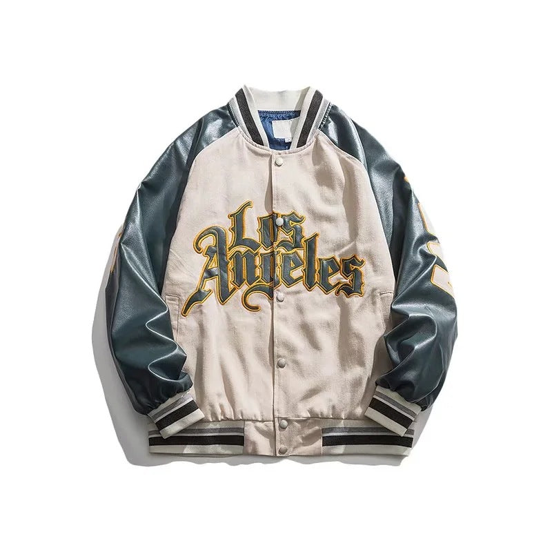 Cream Color Varsity Jacket Spring and Autumn PU Leather Stitching Baseball Uniform Jacket