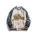 Cream Color Varsity Jacket Spring and Autumn PU Leather Stitching Baseball Uniform Jacket