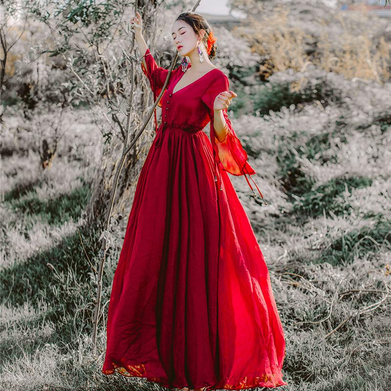 Women Retro Cottagecore Vintage Dress Summer Retro Slimming Long Sleeves Chiffon Dress Holiday Red V-neck Large Swing Dress