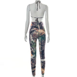 Leaf Print Sleeveless Backless Lace-up Suspender Ankle-Tied Trousers Jumpsuit
