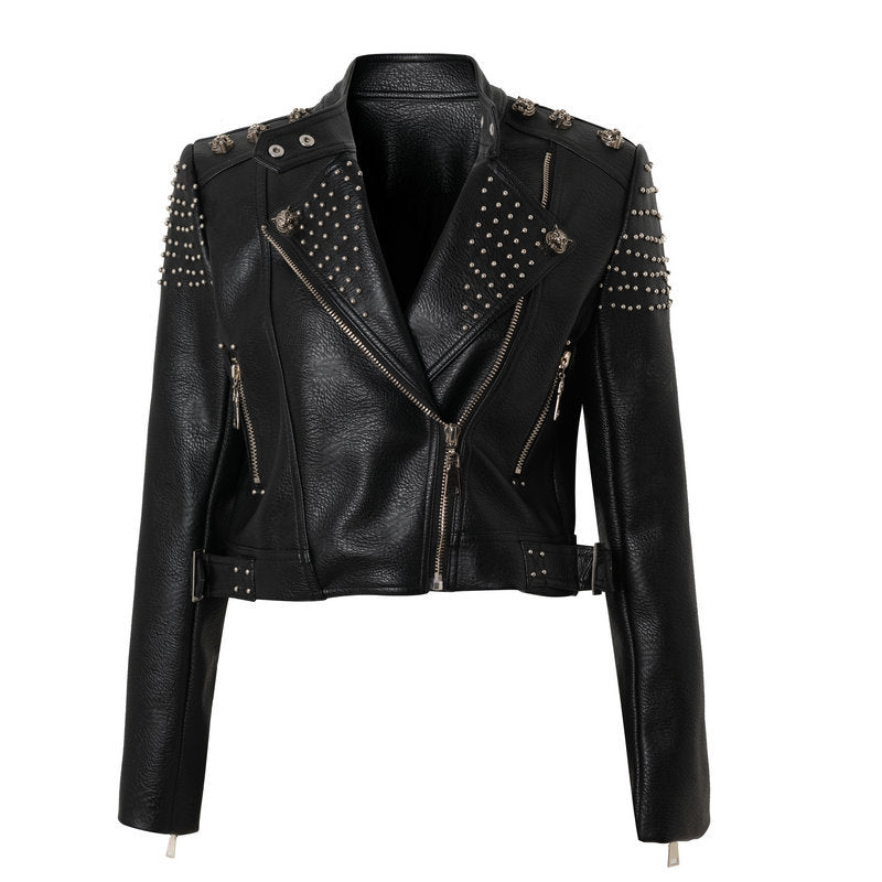 Women Leather Jacket Biker Motorcycle Coat Large Size Leather Jacket Women's Spring and Autumn Jacket Slim-Fit Leather Coat