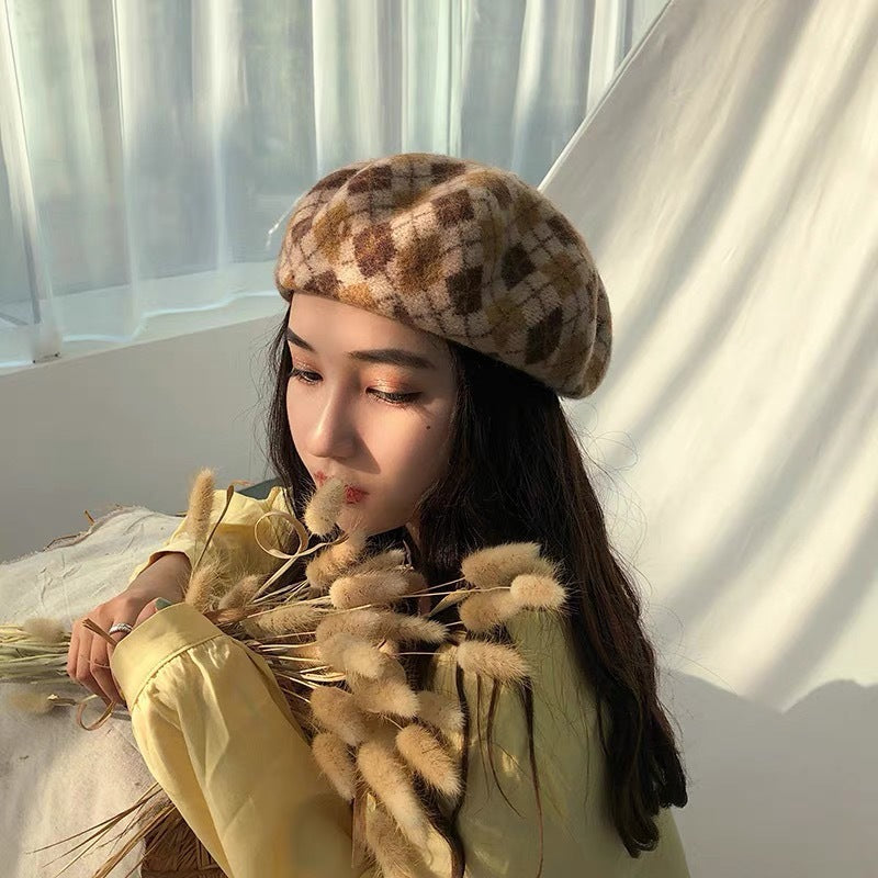 Check Beret Hat Retro Plaid Beret Women's Autumn and Winter