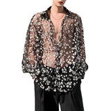 Rave Outfits Men Long Sleeve Shirt Casual Sexy See-through Shirt Summer Lace Shirt