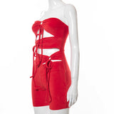 Stitching Solid Color Sleeveless Backless Lace-up Tied Slim Fit Shorts Jumpsuit