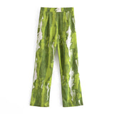Women Fall Fall Green Tie-Dye Pants High Waist Wide Leg Trousers