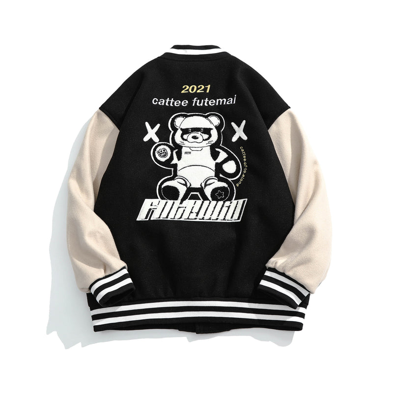 The Bears Varsity Jacket Contrast Color Sports Baseball Uniform Men's Autumn Bear Jacket Youth Cartoon Embroidered Jacket