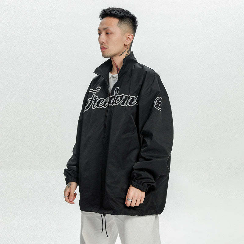 Orange Varsity Jacket Spring and Autumn Flocking Letter Embroidered Trench Coat Men's Loose Lapel Jacket