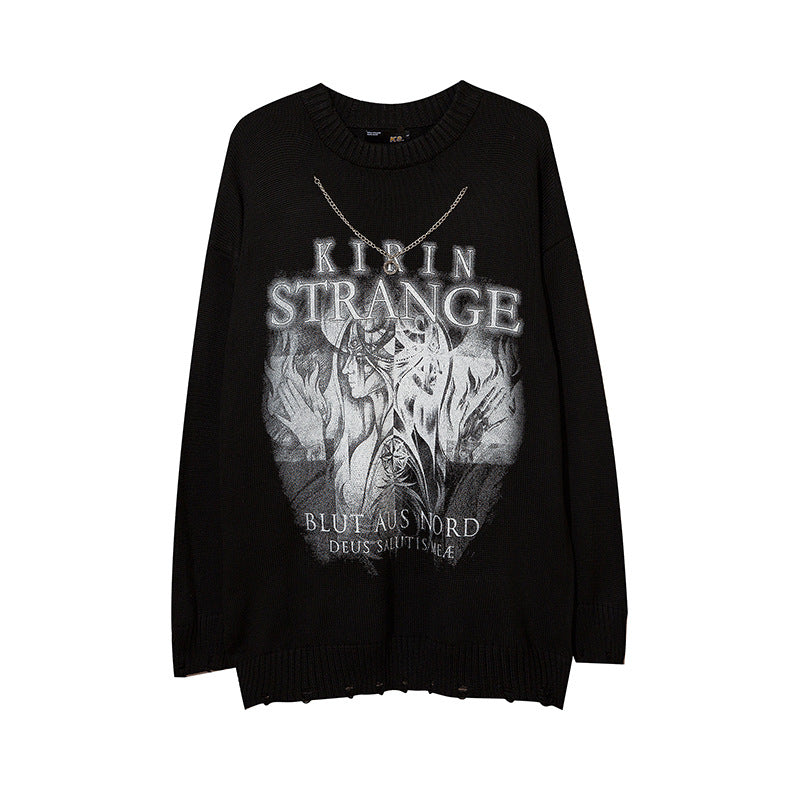 Mens Fall Outfits Sweater Men's Vintage Hiphop Print Loose Street Couple Sweater