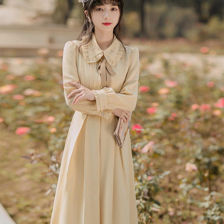 Women Retro Cottagecore Vintage Dress Square Collar Dres Spring Retro Gentle Long Sleeve Lapel Dress