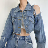 90S Outfits Autumn Winter Retro Street Style Ripped Denim Short Coat