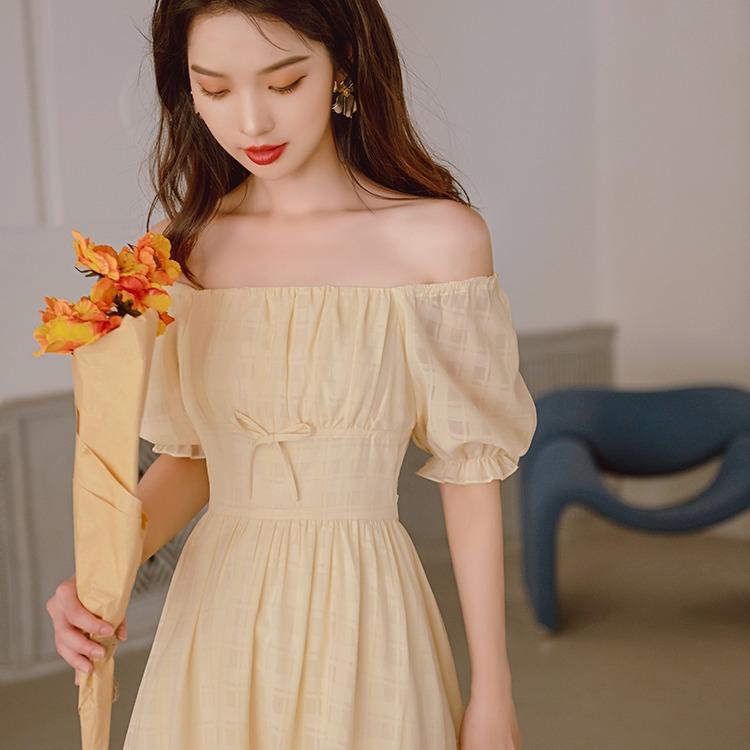 Women Cottagecore Dress Platycodon Grandiflorum Light Yellow Elegant Dress Summer
