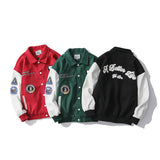 Green Varsity Jacket Autumn Winter Street Woolen Baseball Jacket Men's Loose Lapels Chapter Embroidery Patch