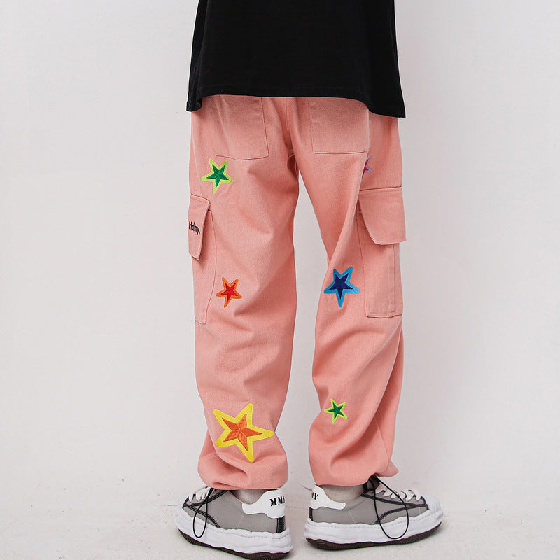 Man Fall Outfits Cargo Pants XINGX Embroidered Multi-Pocket Straight Cargo Pants Men and Women Couple Wide Leg Pants
