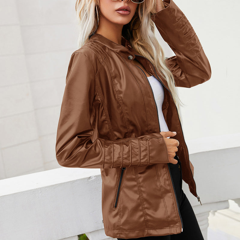 Cute Leather Jacket Autumn and Winter Stand Collar Long-Sleeve Zipper Solid Color Leather Jacket Coat Women