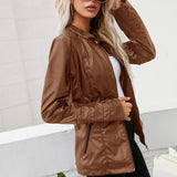 Cute Leather Jacket Autumn and Winter Stand Collar Long-Sleeve Zipper Solid Color Leather Jacket Coat Women