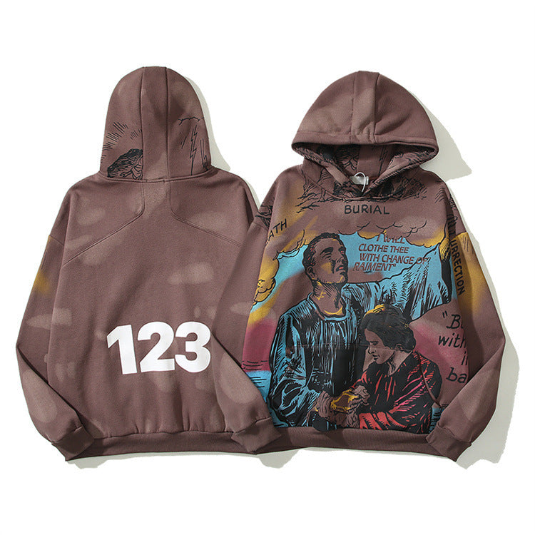 Rrr123 Hoodie Retro Brown Distressed Hoodie Men and Women Casual Loose Hoodie