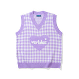 Men Sweater Vest Love Embroidered Plaid Knitted Waistcoat Men's Loose V-neck Vest Sleeveless Sweater Coat