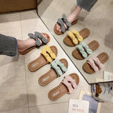 Women Open Toe Sands Flats Summer Plaid Bow Word Fashion Flat-Heeled Slippers