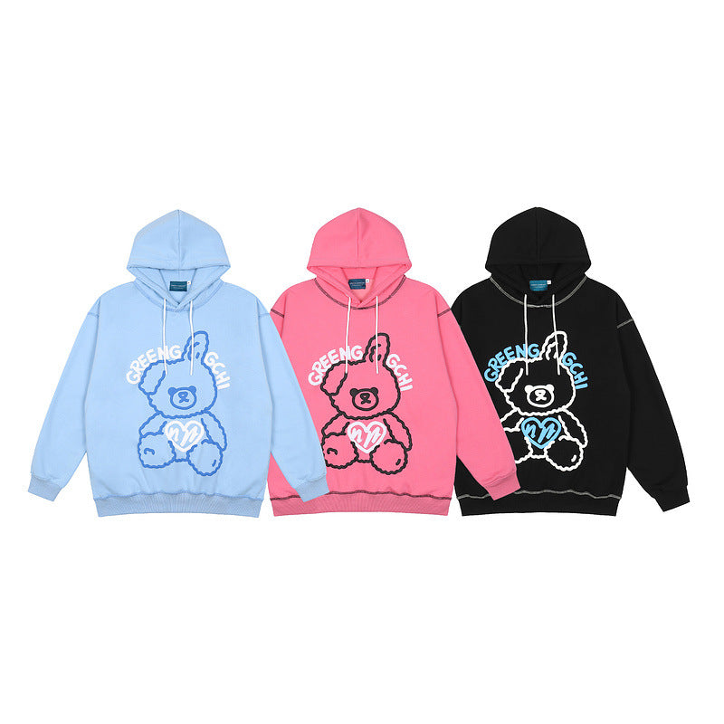 Mens Fall Outfits Autumn and Winter Cartoon Bear Printing plus Velvet Thickened Couple Hooded Sweater Men and Women