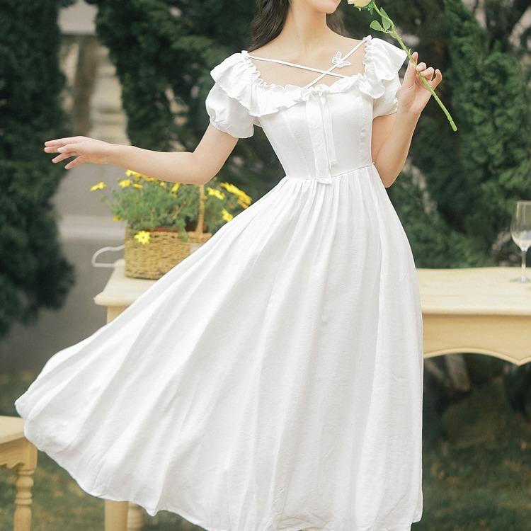 Women Retro Cottagecore Vintage Dress Square Collar Dres Summer Square Collar Short Sleeve Corset Retro Slimming Dress