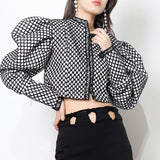 90S Fashion Court Retro Style Autumn and Winter Small Stand Collar Single-Breasted Puff Sleeve Diamond Flocking Short Coat